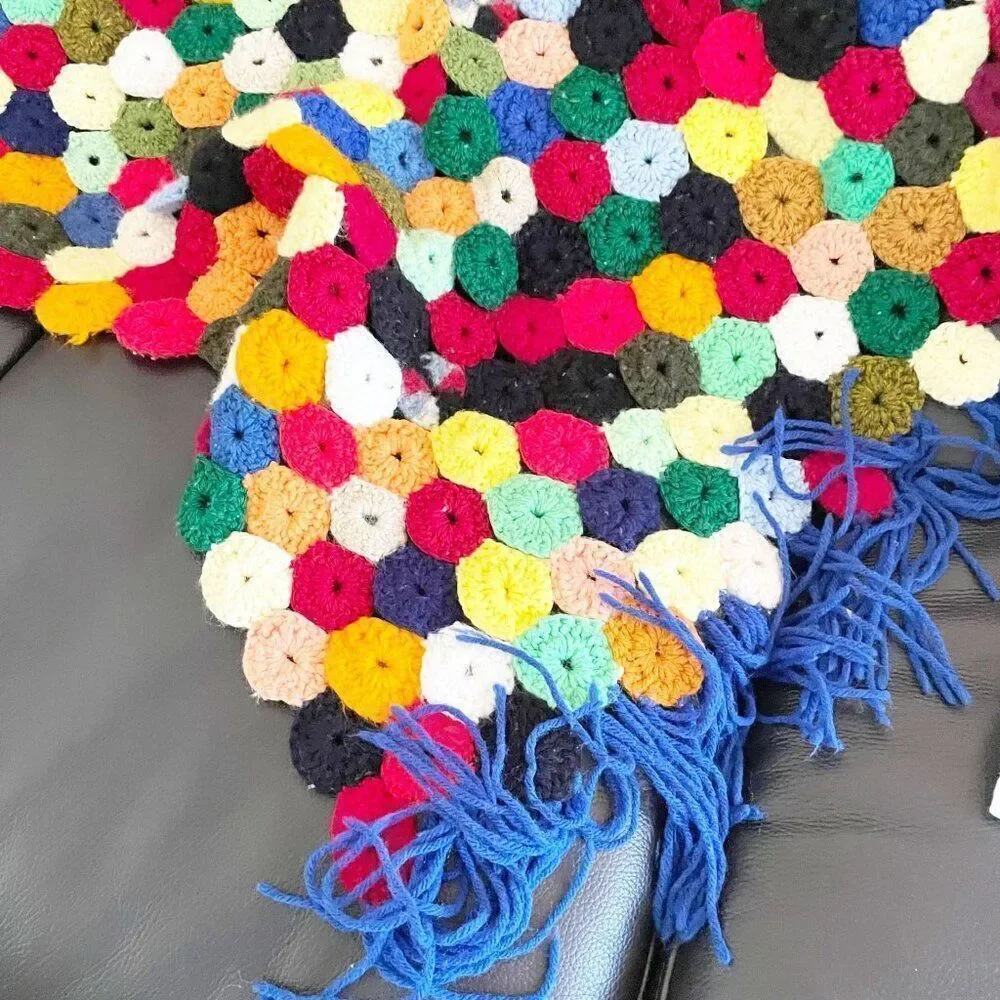Vintage Afghan Blanket 55 x 36.5 Yo-Yo Puff Fringe Rainbow Colored Crochet Throw